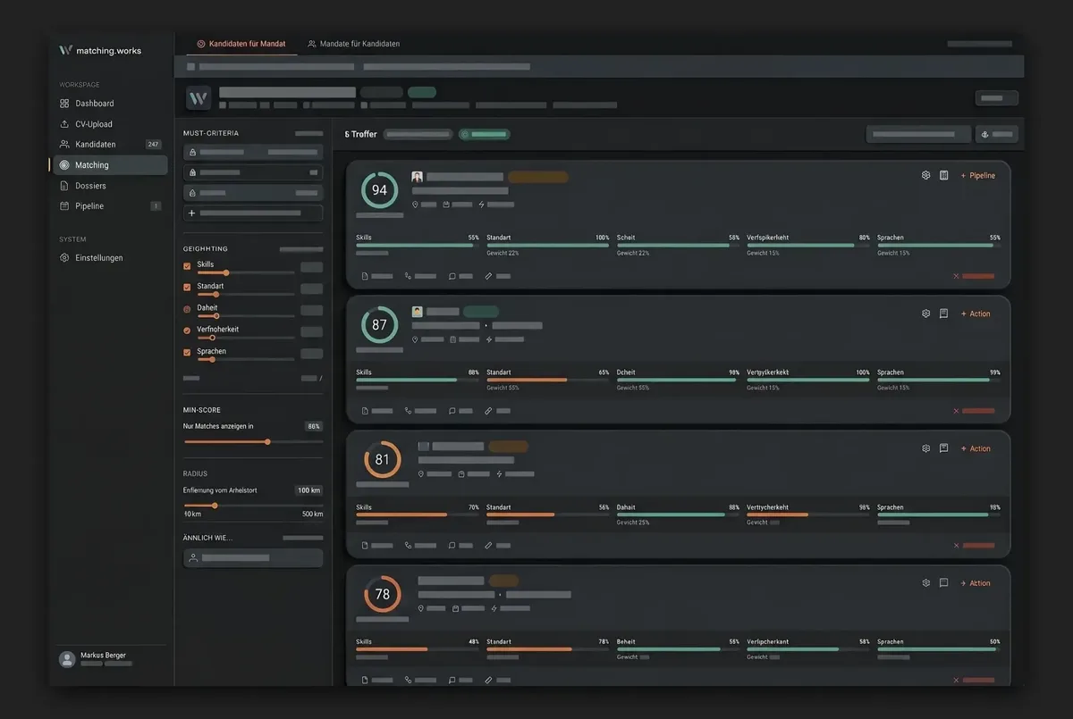 Matching-Dashboard des Applicant Tracking Systems mit Kandidaten-Scoring
